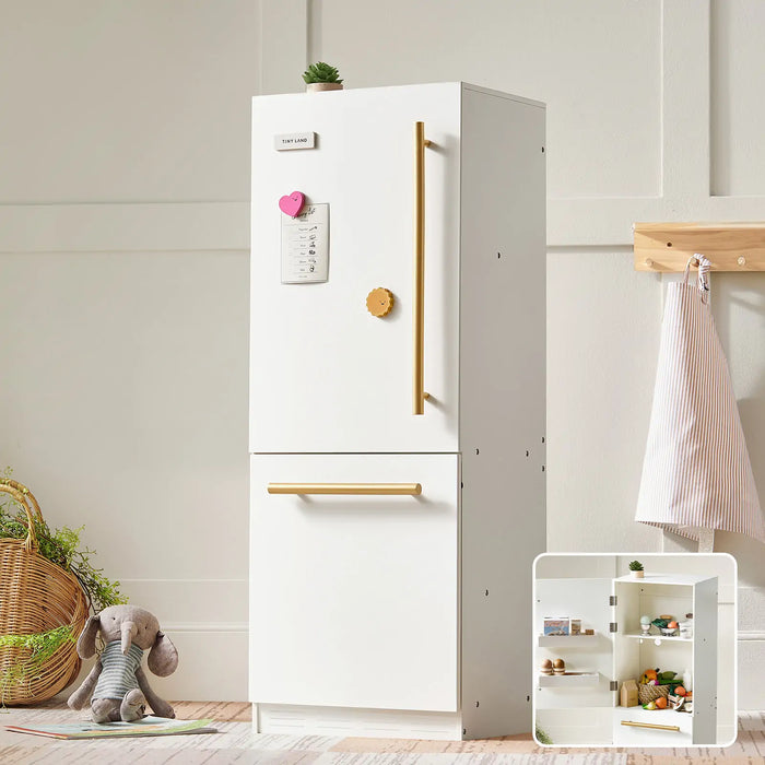 Wooden toy refrigerator for kids from Tiny Land INC, part of Tiny Land® play kitchen accessories, featuring a realistic wooden cabinet design.