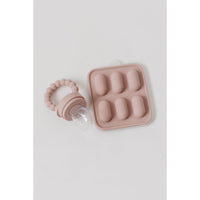 Silicone fruit feeder and ice tray set with colorful silicone molds for babies, easy to use and clean.