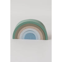 Colorful silicone stacking rainbow toy with multiple arches ideal for children's play and developmental activities.