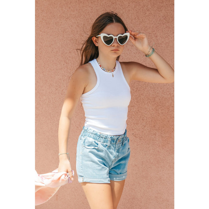 Be Mi Los Angeles modal ribbed tank top, close-up of fitted sleeveless shirt with ribbed texture on a plain background.
