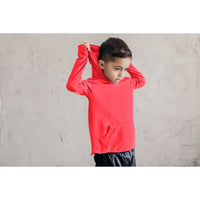 Red organic Benji hoodie by Be Mi Los Angeles, showcasing a cozy sweatshirt with a front pocket and hood.