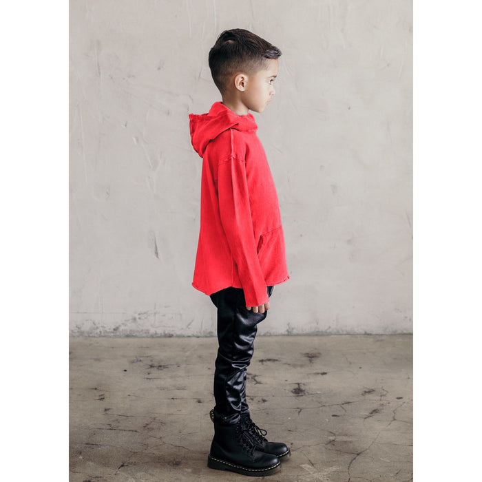 Red Organic Benji Hoodie sweatshirt by Be Mi Los Angeles, soft cotton fabric with hood and front pocket.