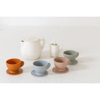 Colorful silicone tea set toy with cups, teapot, and utensils for kids, designed for imaginative play by ShopMyLittleSongbird.