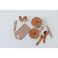 Colorful silicone toy cooking set with pots, pans, and utensils, designed for children’s imaginative play by ShopMyLittleSongbird.