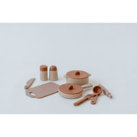 Colorful silicone toy cooking set with pots, pans, and utensils for kids, designed for imaginative play and role-playing.