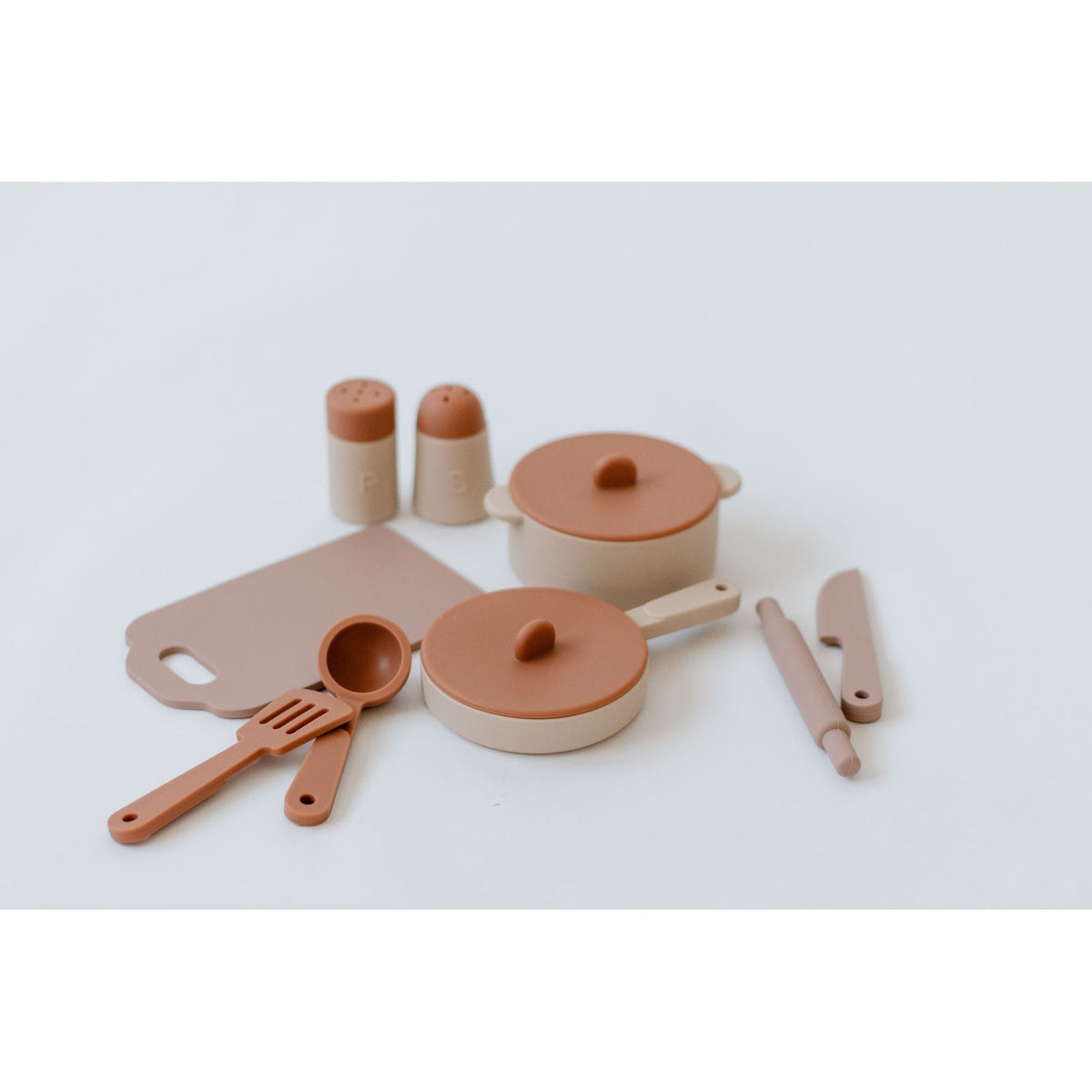 Colorful silicone toy cooking set with utensils and pots, designed for kids by ShopMyLittleSongbird.