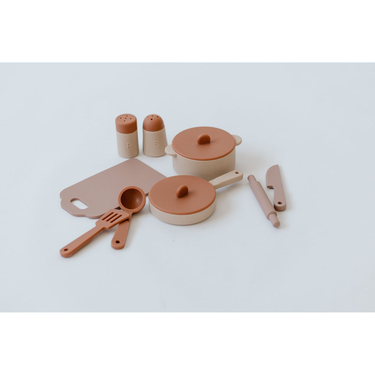 Colorful silicone toy cooking set with pots, pans, and utensils for children, designed by ShopMyLittleSongbird.