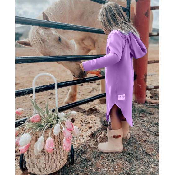Purple Organic Luna Hoodie Dress by Be Mi Los Angeles, showcasing a soft, casual dress with a hood and relaxed fit.