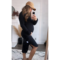 Organic Luna hoodie dress by Be Mi Los Angeles, worn by Maria, showing a casual, comfortable adult dress with a hood and relaxed fit.