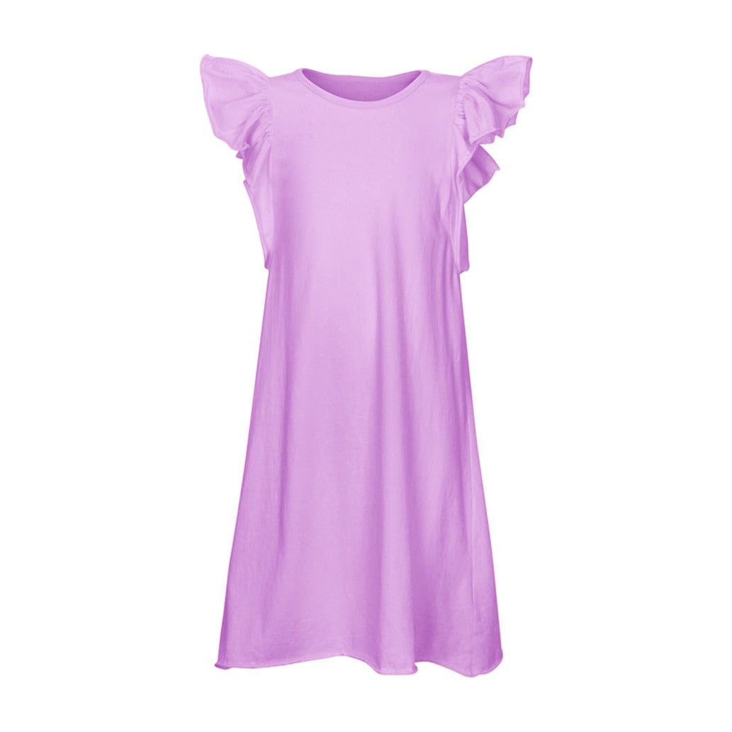 Be Mi Los Angeles Valentina Ruffle Dress with flowing fabric and ruffled details, shown on a model.