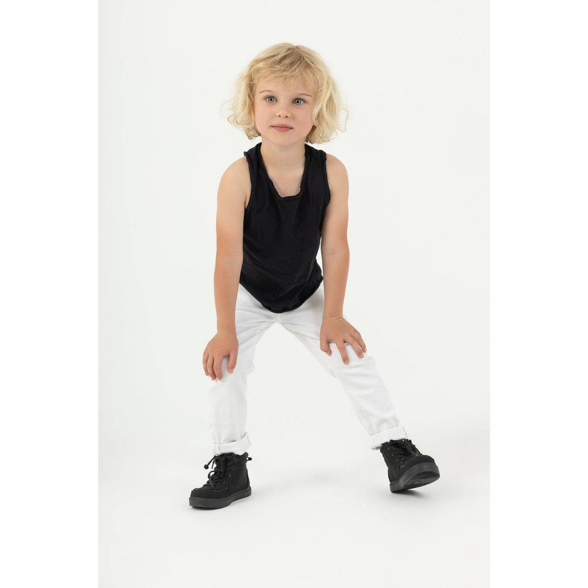 Black Be Mi Los Angeles Asher Tank top displayed on a model, showcasing a casual sleeveless tank shirt.