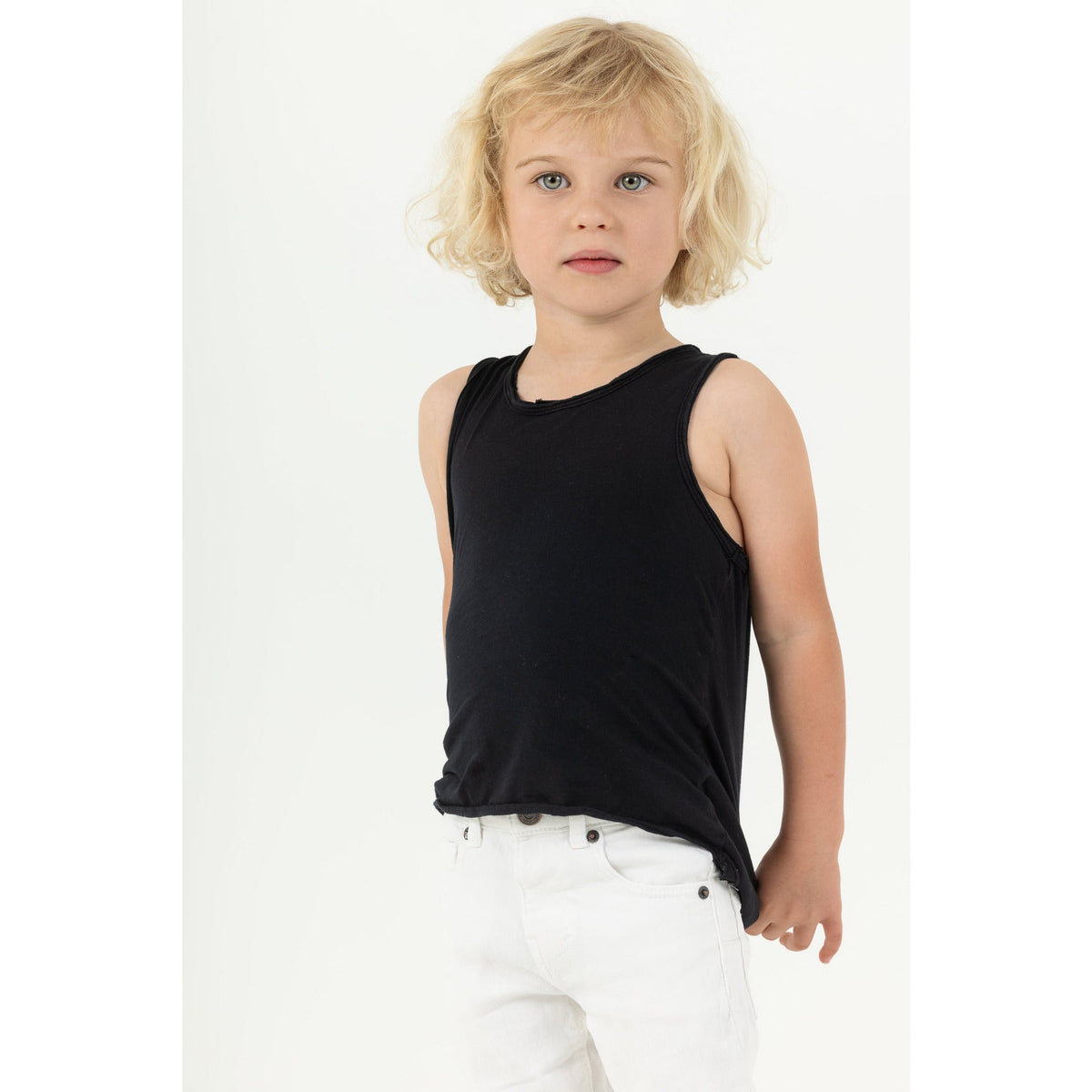 Black Asher Tank top by Be Mi Los Angeles displayed on a model, showcasing a casual sleeveless tank for women.