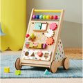 Baby activity walker by Tiny Land INC with natural wooden frame and colorful toys for early walking and play.