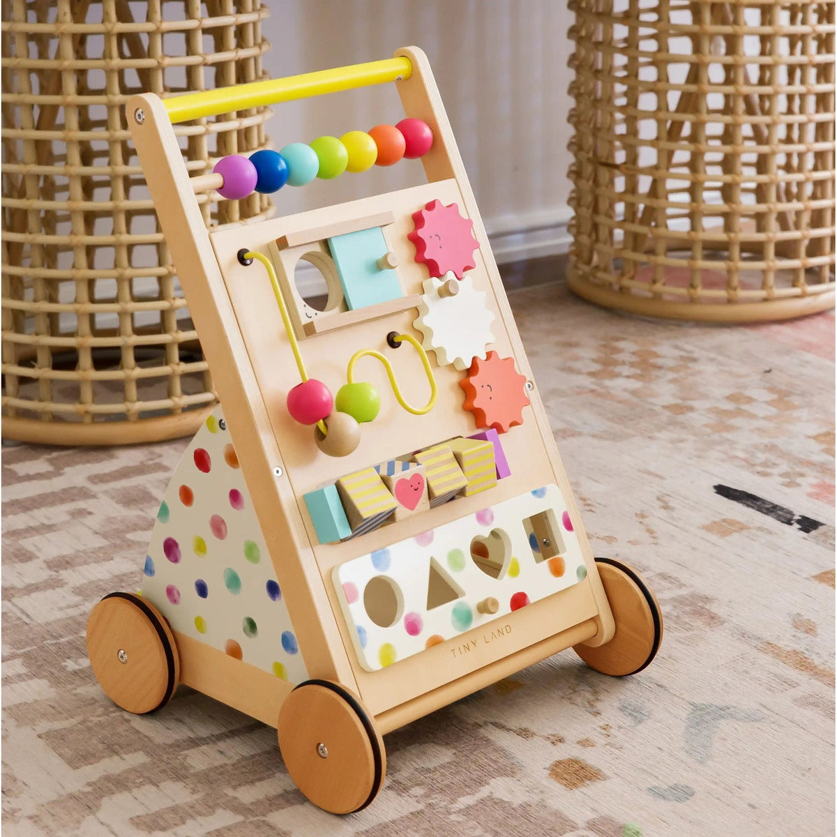 Tiny Land® Premium natural wooden baby walker with four wheels and colorful beads for early motor skill development.