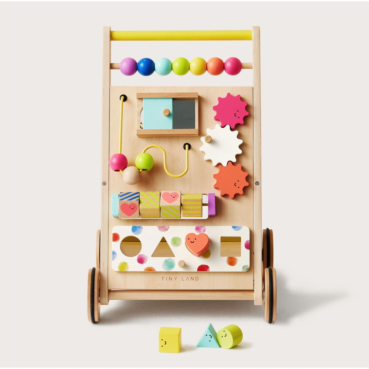 Natural wooden baby walker by Tiny Land INC with colorful activity panels and sturdy handle for early walking support.