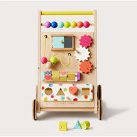 Natural wooden baby walker by Tiny Land INC with colorful activity panels and sturdy handle for early walking support.