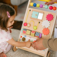 Natural wooden baby walker by Tiny Land INC with colorful activity panels and sturdy design for early walkers.