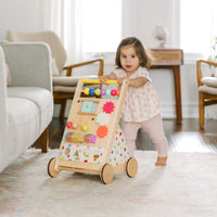 Tiny Land® Premium natural wooden baby walker with four wheels and handle, designed for early mobility and stability.