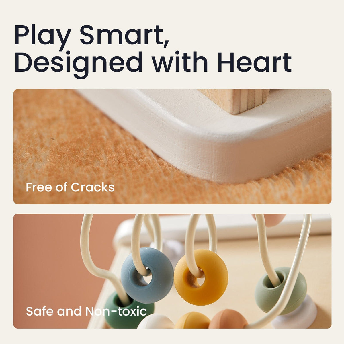 Tiny Land® Cottage Activity Cube in Morandi colors, featuring playful shapes, animal figures, and engaging activities for children.