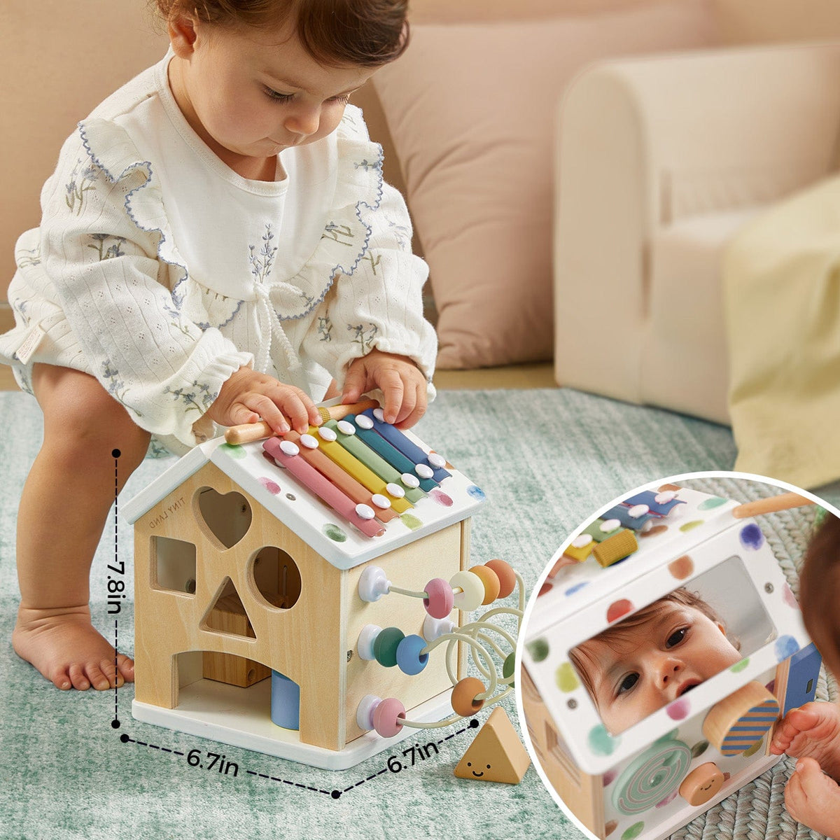 Tiny Land® Cottage Activity Cube in Morandi colors, featuring colorful geometric shapes and interactive elements for children.