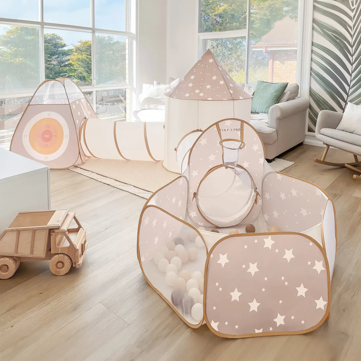Tiny Land® Discovery 5-in-1 play tunnel with no balls, colorful fabric for kids' active indoor and outdoor play.
