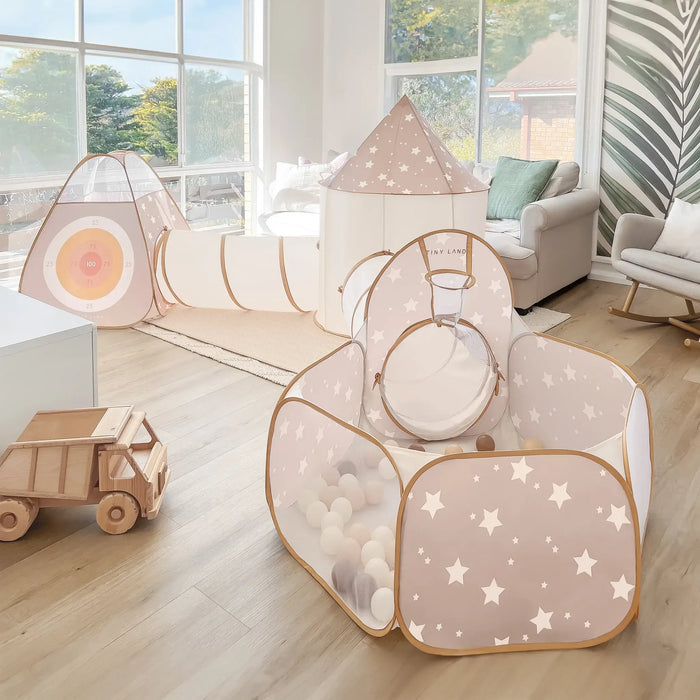 Tiny Land® Discovery 5-in-1 play tunnel with no balls, colorful fabric for kids' active indoor and outdoor play.