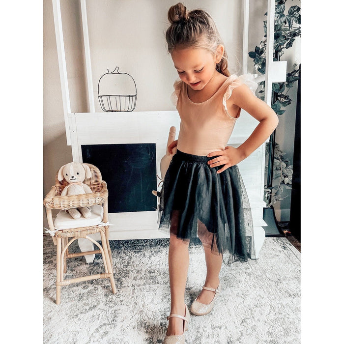 Be Mi Los Angeles high-low tutu skirt in soft tulle with layered design, showcased in a full-length view.