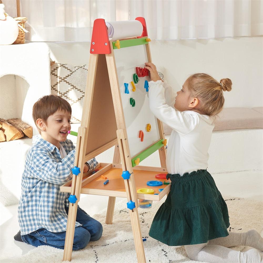 Tiny Land® 3-in-1 kids' art easel with chalkboard, whiteboard, and paper holder, made of durable wood for creative young artists.