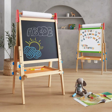 Tiny Land® 3-in-1 kids' art easel with chalkboard, whiteboard, and paper holder for creative drawing and painting activities.