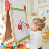 Tiny Land Kids Easel with adjustable 3-in-1 art board, paper roll, and storage compartments for creative children's art activities.