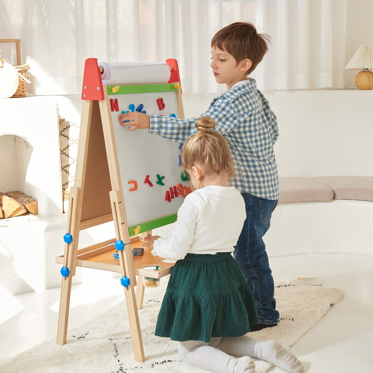 Tiny Land® 3-in-1 kids easel with chalkboard, whiteboard, and paper holder, perfect for creative art activities for children.