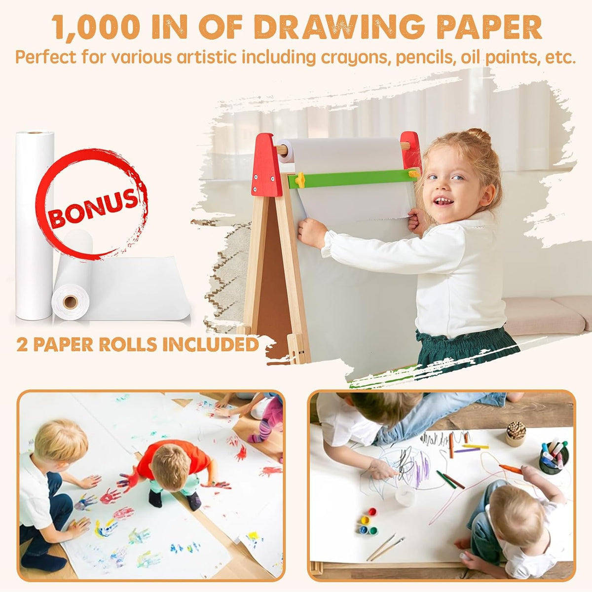 Tiny Land® 3-in-1 kids easel with chalkboard, whiteboard, and paper holder, perfect for creative art activities for children.