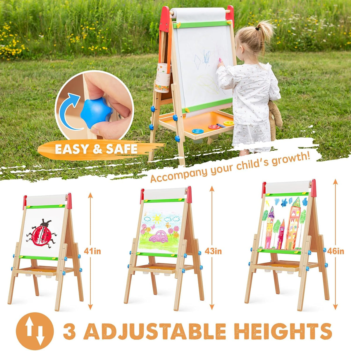 Kids easel by Tiny Land INC with adjustable heights, featuring a sturdy wooden frame for creative art activities.