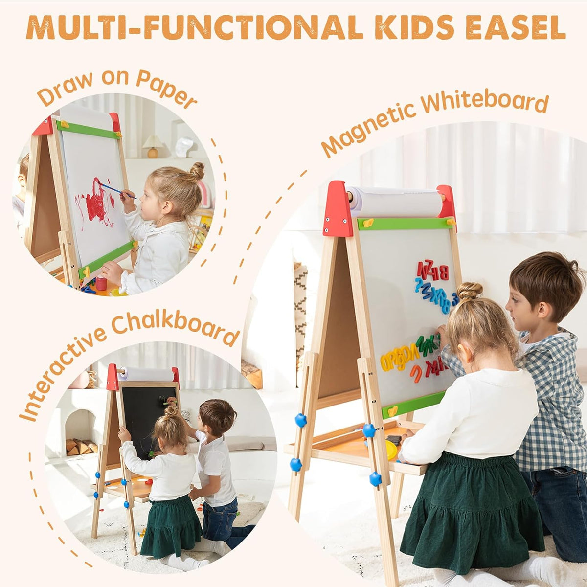 Tiny Land® 3-in-1 kids' art easel with chalkboard, whiteboard, and paper roll holder, made for creative young artists.