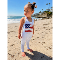 White Americana romper by Be Mi Los Angeles, featuring a stylish sleeveless design and casual fit, perfect for warm weather.