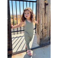 Olive green Be Mi Los Angeles romper featuring a relaxed fit and short sleeves, perfect for casual summer wear.