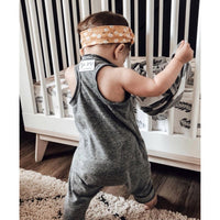 Heather grey Be Mi Los Angeles romper displayed on a model, showcasing casual, comfortable style perfect for everyday wear.