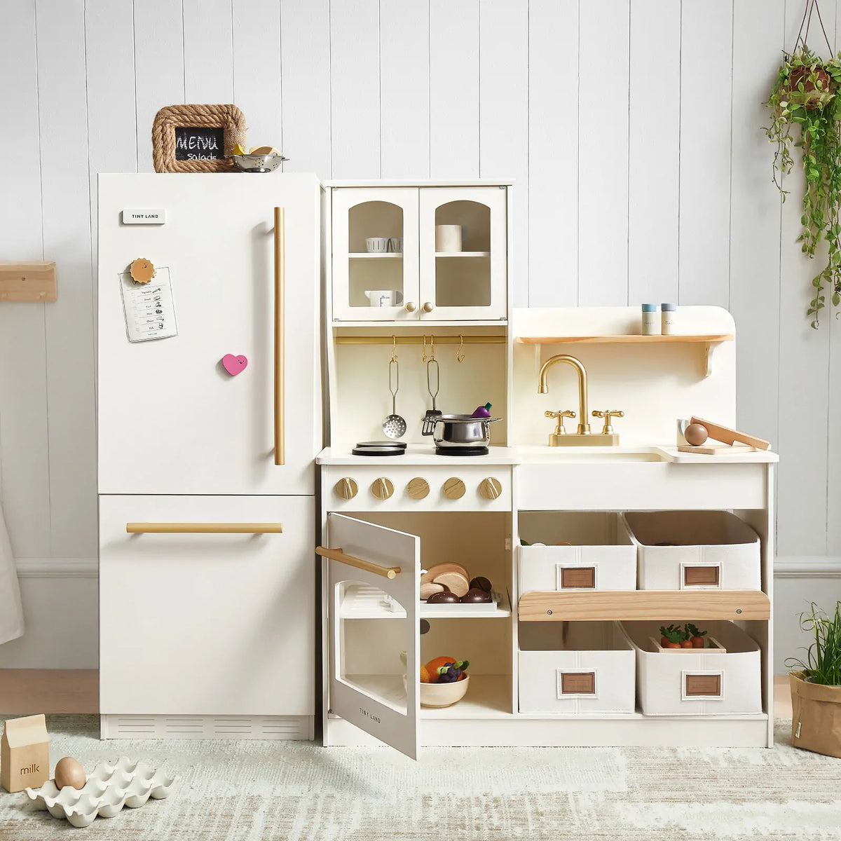 Tiny Land INC wooden play kitchen fridge with realistic cabinet design, perfect for kids' pretend kitchen accessories.