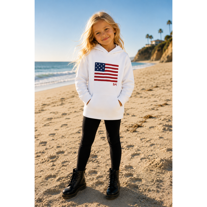 White Organic Benji Flag hoodie from Be Mi Los Angeles, cozy sweatshirt with Benji flag design and organic cotton fabric.