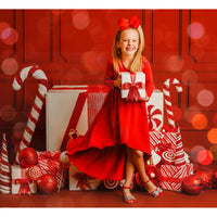 Organic Giselle Dress by Be Mi Los Angeles, long sleeve red dress with flowing fabric and elegant design.