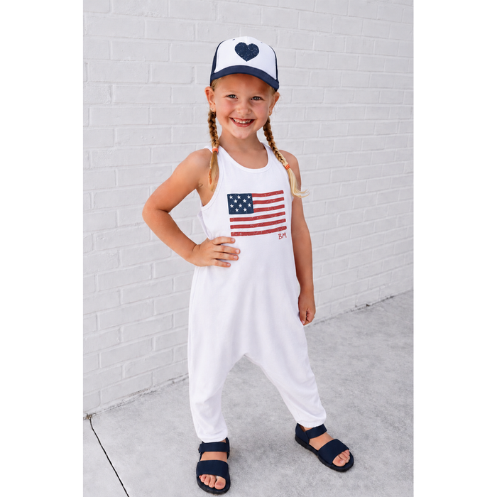 White Americana romper by Be Mi Los Angeles featuring stylish casual design and comfortable fit, perfect for warm weather.