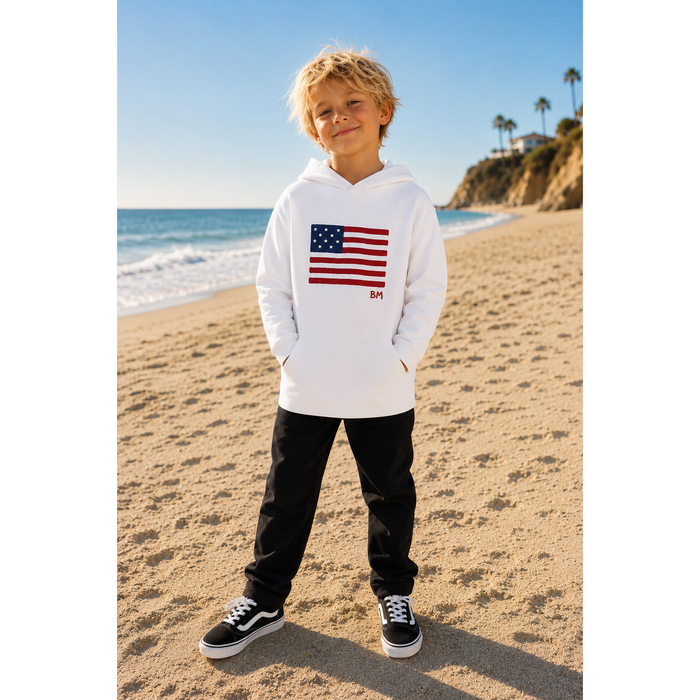 White Organic Benji Flag hoodie sweatshirt by Be Mi Los Angeles featuring a prominent Benji flag graphic on the front.