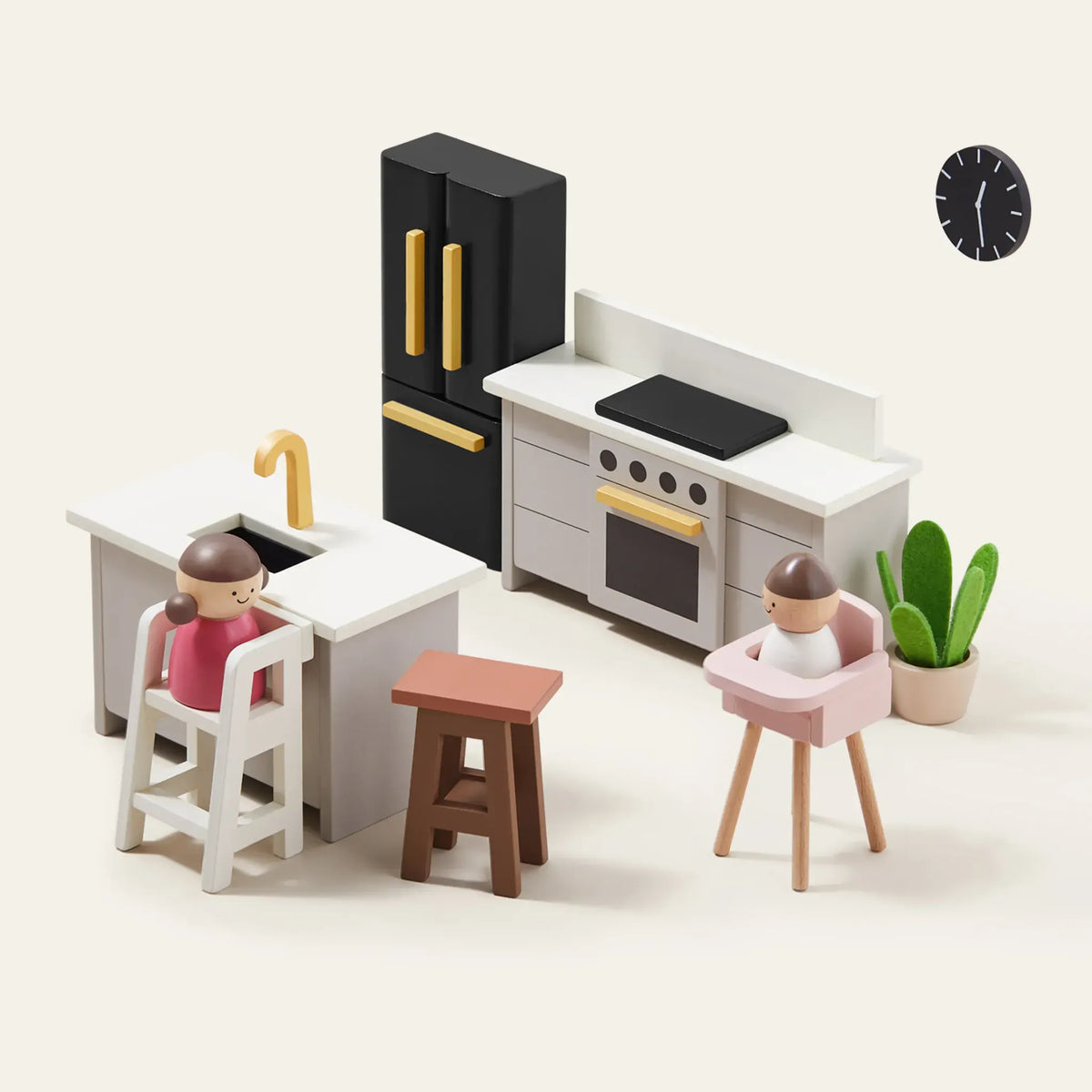 Tiny Land® Sweetwood Edge Dollhouse kitchen scene with miniature furniture and detailed kitchen accessories inside a charming dollhouse.