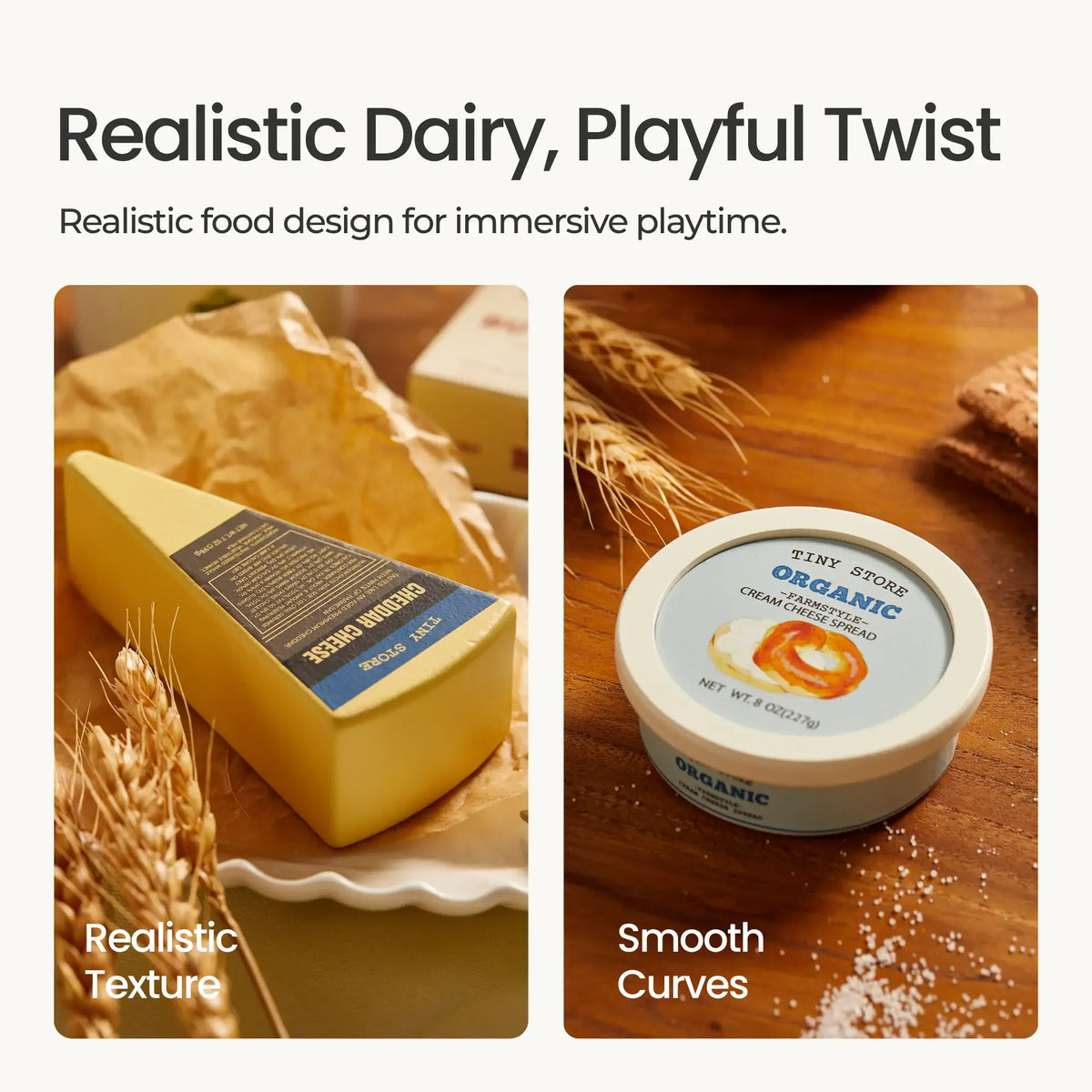 Tiny Land® Organic Dairy Pack play food set with miniature dairy products, ideal for pretend play and role-playing activities.