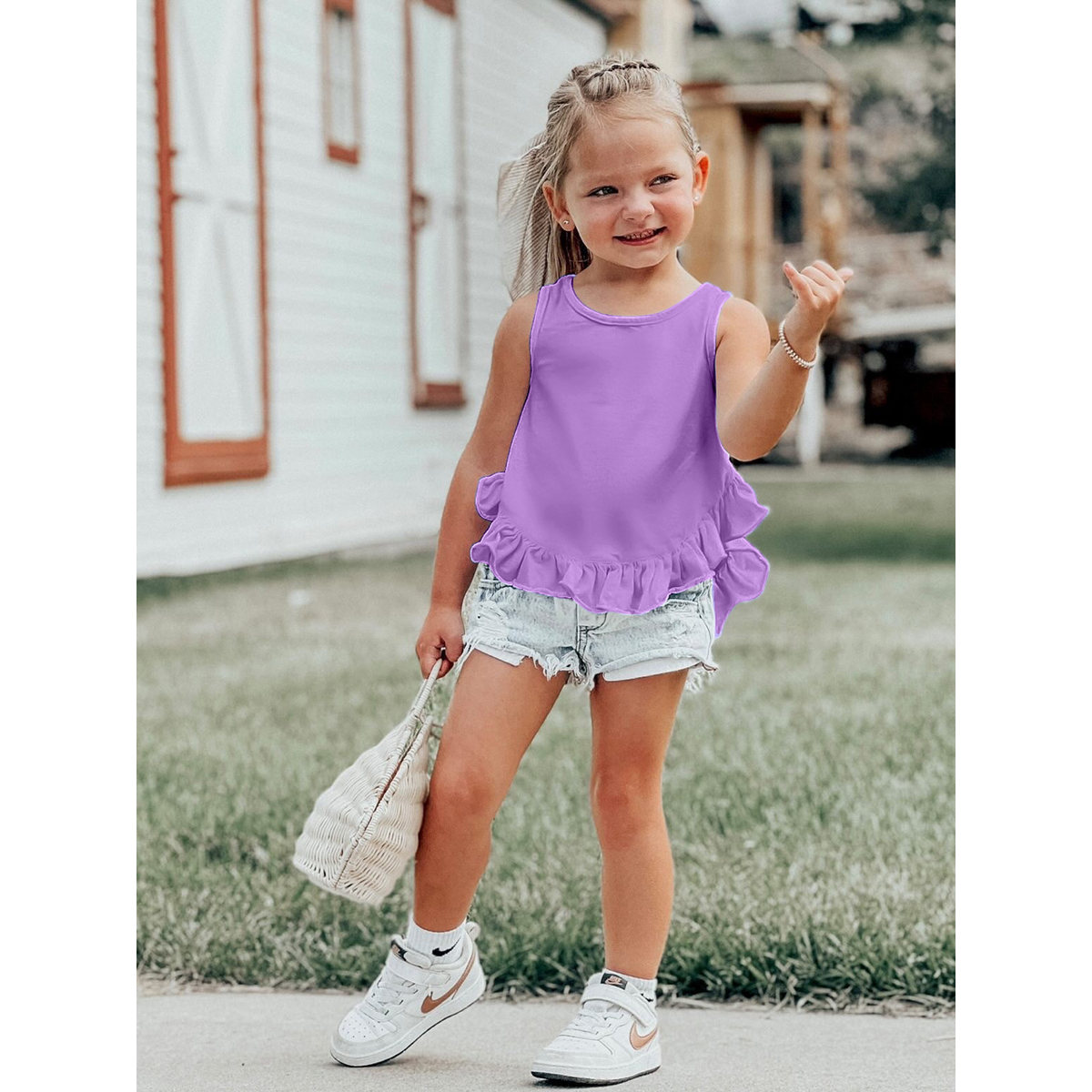 Be Mi Los Angeles Noa Ruffle Tank Top in purple, sleeveless casual tank with ruffle details, perfect for summer wear.