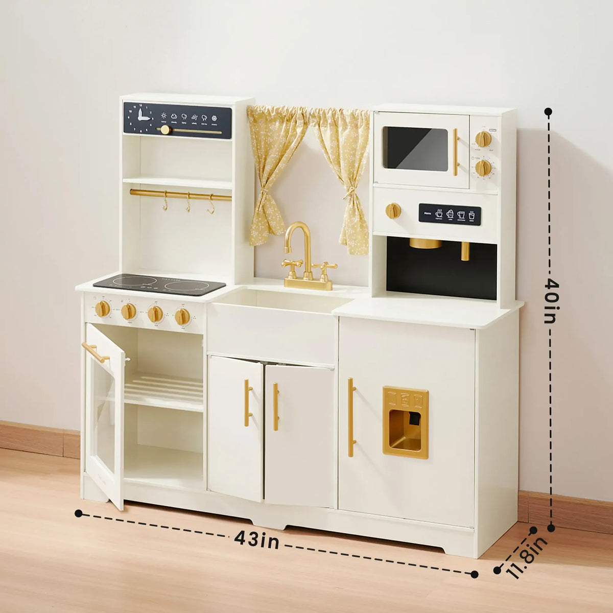Tiny Land® wooden play kitchen in cream with pretend stove and sink, perfect for kids' imaginative cooking play.