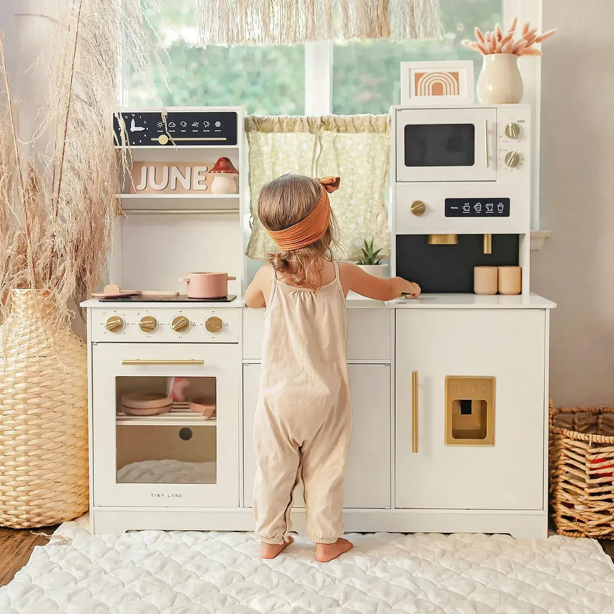 Tiny Land® cream wooden play kitchen with pretend stove and oven, perfect for kids' imaginative cooking play.