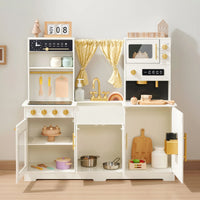 Tiny Land® wooden play kitchen in cream with pretend stove and sink, perfect for kids' imaginative cooking play.