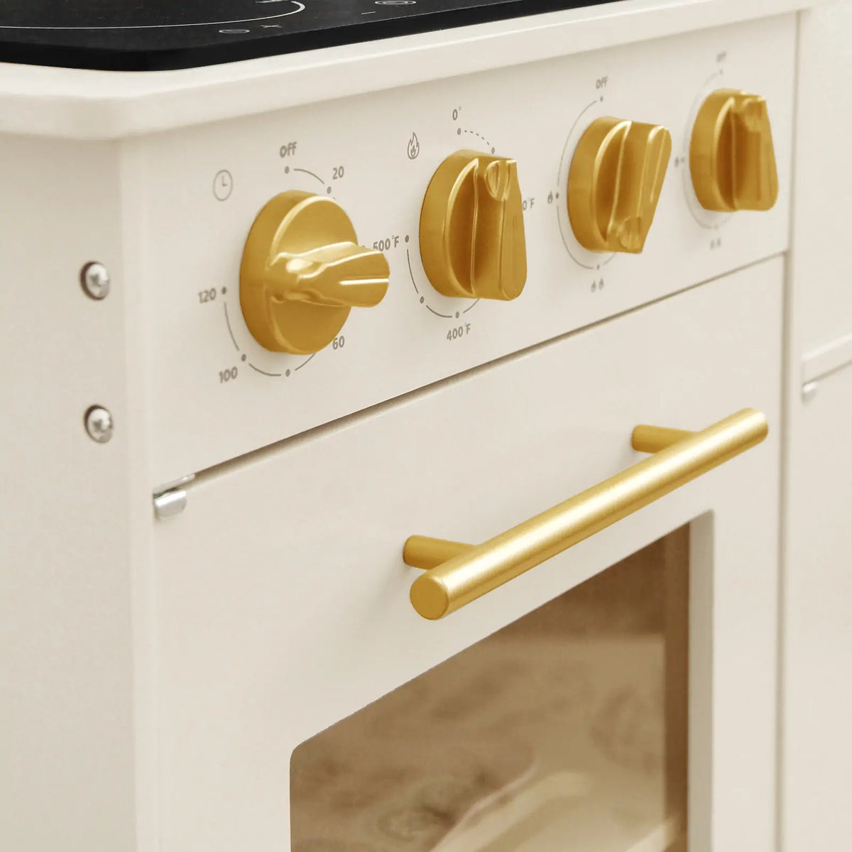 Tiny Land INC wooden play kitchen in cream with pretend stove, sink, and cabinets for kids' imaginative cooking play.