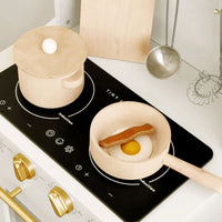Tiny Land® iconic wooden play kitchen in cream with pretend stove, sink, and utensils for kids, perfect for imaginative cooking play.